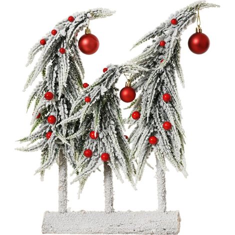 Weihnachtsdeko 3 Mini-Tannen beschneit mit roten Kugeln Höhe 40 cm Breite 30 cm Länge 12 cm - FSC Mix 100%