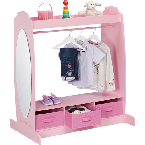 Relaxdays Children's Clothes Rack, 5 Compartments, Kids' Hanging Rail, Hooks and Mirror, HWD: 107 x 97.5 x 61 cm, Pink