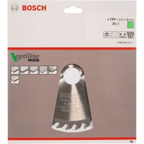 BOSCH DISCO SIERRA OPTILINE MADERA130 X 2.4 X 20/16D: 20WZ Diámetro disco x eje (mm) 190x30 Número de dientes 16