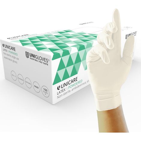 Unigloves Unicare Latex Gants jetables - Gants d'examen polyvalents, légèrement poudrés - Boîte de 100 gants, naturels, taille XS (GS0021) (1/5)
