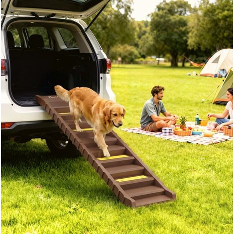 Rampe pour chien pliable, 10 marches, surface antidérapante, 154 x 40 cm, marron HAVRYA (1/3)