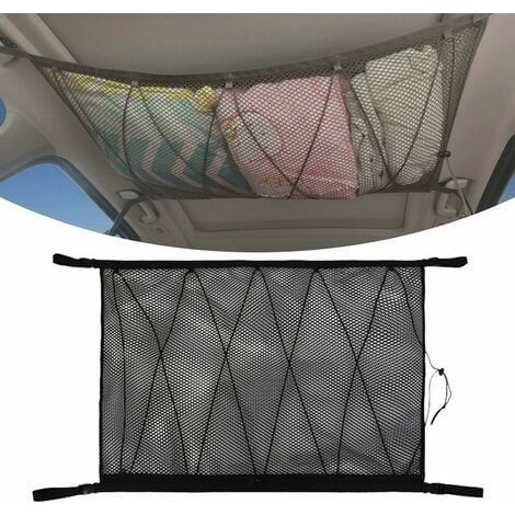 Filet de Rangement pour Voiture, Universel Sac pour Toit de Voiture avec Fermeture Éclair,Noir Organisateur Bagage Rangement Filet pour Voiture SUV Plafond (Filet Cordon Serrage) (1/4)