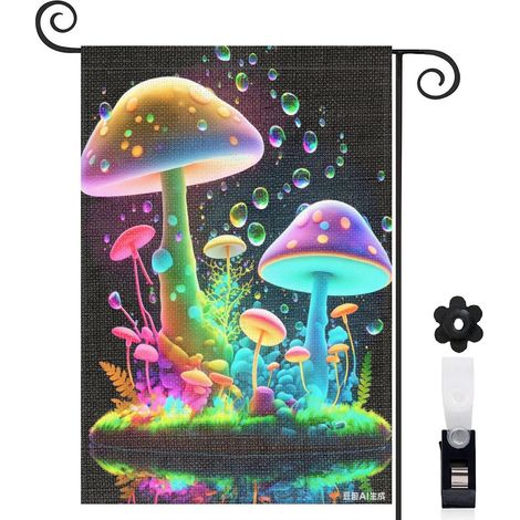 Drapeau de jardin bienvenue 30 x 45 cm motif champignons arc en ciel et fleurs toile double face (1/5)