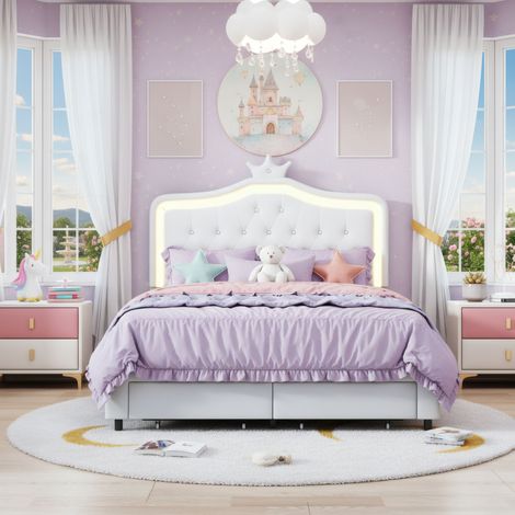 Letto Singolo per Bambini 140x200 cm con LED e Cassetto, Letto Imbottito in Similpelle con Testiera a Corona, Stile Principessa Moderno, Bianco