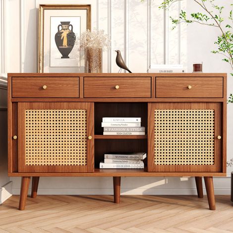 Buffet 120x40x78 cm noyer 3 tiroirs + 3 portes coulissantes rotin - Pieds bois, étagères réglables (1/5)