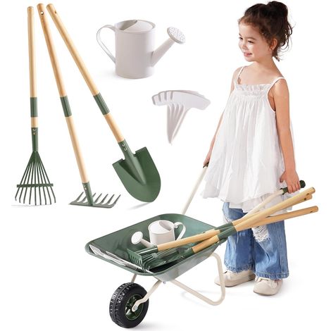 Brouette en métal pour enfants avec outils de jardin, vert, à partir de 3 ans  Avec arrosoir, outils de plantation, panneaux de plantation et poignées en bois réglables pour jardin, cour et bac à sabl (1/5)