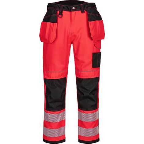 Pantalones de trabajo de alta visibilidad Holster PW3 tiro regular de polialgodón con cintas reflectantes PORTWEST T501 41 pulgadas (talla 52) Rojo/Negro
