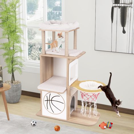 Arbre à Chat en Bois à Thème Sportif de 120 cm 2 Etages 2 Perchoirs Hamac Panier de Basket Poteaux à Gratter en Jute Naturel (1/2)