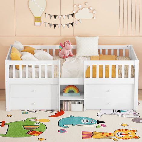 Lit mezzanine mi-hauteur enfant 90x200 cm blanc en pin et MDF, 4 tiroirs, échelle avec rangement, barrières de sécurité, sans matelas (1/5)