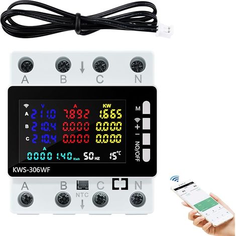 Compteur electrique triphasé wifi Wattmetre 80A 220V AC Amperemetre 3 phases 4 conducteurs avec protection contre les pannes de courant/surtempérature/sous-tension/surintensité/surpuissance etc. (1/5)