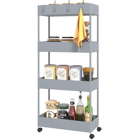Chariot de cuisine étroit à 4 niveaux avec roulettes freinées, 4 crochets amovibles, structure en métal gris, 40 x 19 x 90 cm, pour cuisine et salle de bain – CHICFURN (1/5)