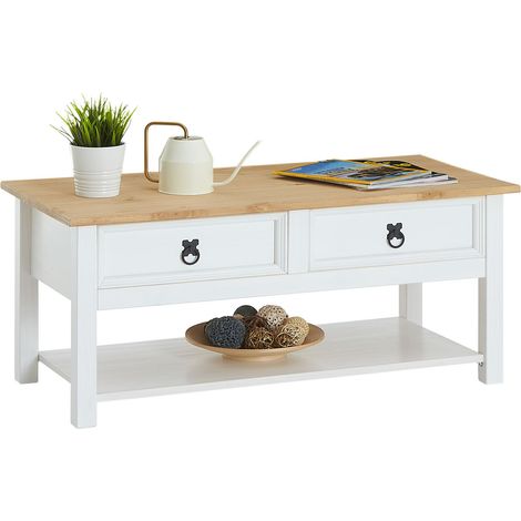 Idimex – Table basse fixe en pin massif blanc et brun – Style mexicain – 2 tiroirs – Dimensions 45 x 100 x 48 cm (H x L x P) (1/5)
