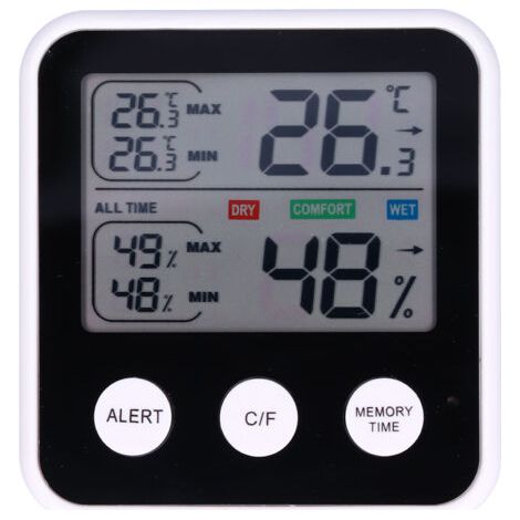 LCD-Thermometer und Hygrometer – für die Innenraumüberwachung, mit klappbarem Ständer, übersichtlichem Display und akustischem Temperatur- und Feuchtigkeitsalarm. (1/4)