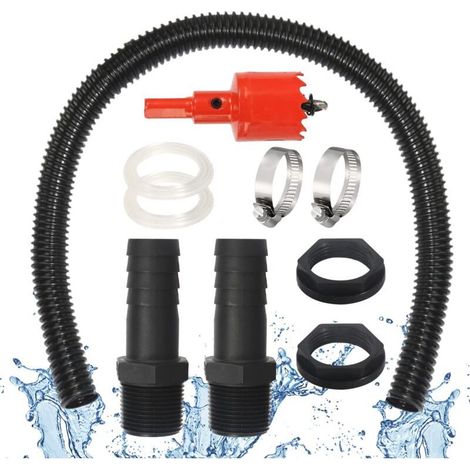 Rain barrel connection kit, 2 x 1" rain barrel loops with 100cm hose nozzle, 25mm connection hose and hole opener, 2 barrel clamps (1/5)