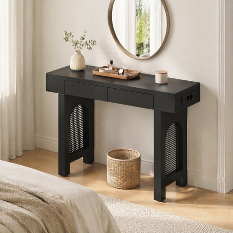 DESMIU Console avec 2 tiroirs et multiprise USB Type-C, pieds réglables, pour entrée, noir, 120 × 35.5 × 76.5 cm (1/5)