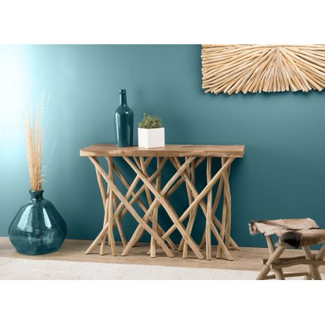 Macabane – Console rectangulaire en teck 120x39x81 cm – Pieds en bois flotté – Meuble d'intérieur et extérieur sous abri (1/5)