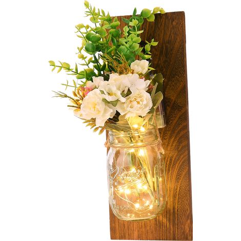 Applique murale en pot Mason, 2 pièces, bande lumineuse LED, plante verte décorative rustique avec télécommande pour maison et ferme (1/5)