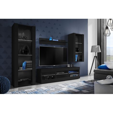 Komodee Ensemble de Meubles Tivoli Medio, Noir/Noir, Largeur 245cm x Hauteur 159cm x Profondeur 35cm, sans LED, 3 étagères, pour Salon, Chambre, Entrée