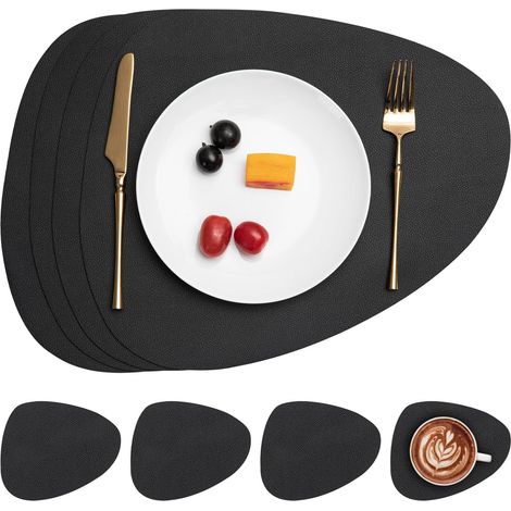 Set de Table et Dessous de Verre, Set de Table Antidérapant Double Face Sets de Table Lavable Imperméables Set Table et Dessous de Verre Set Table Plastique (Noir, Lot de 4) (1/5)