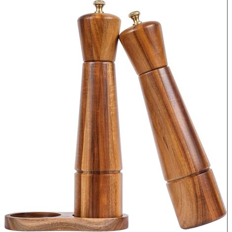 Set de Moulin à poivre et sel avec Plateau, moulin réglable en céramique, acier inoxydable, Bois d'acacia, Hauteur de 27 cm, Diamètre du fond 6 (1/5)
