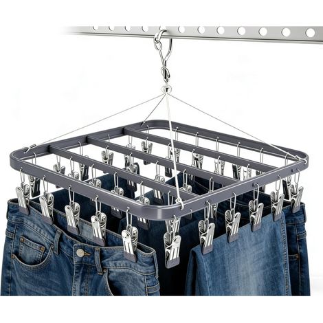 Étendoir à Linge en métal avec 36 Clips, Crochet Coupe-Vent, Pince à Linge Pliable pour Chaussettes, Soutien-Gorge, sous-vêtements (Gris) (1/5)