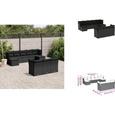 10-tlg. Garten-Sofagarnitur mit Kissen Schwarz Poly Rattan - Gartensofas - PE-Rattan Möbel - Outdoor Sofa Set - Lounge Set - Gartenlounge (1/3)