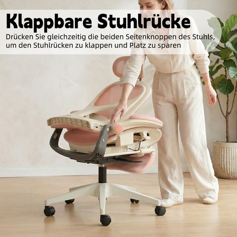 Irovami Chaise de bureau ergonomique pliable rose Soutien lombaire, appui-tête 3D, accoudoirs rabattables, maille (1/5)