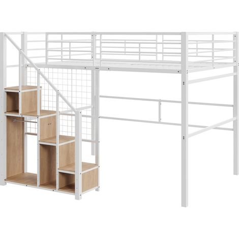 Letto a soppalco 140 x 200 in metallo bianco con scala e vani contenitore MODENUIT (1/5)