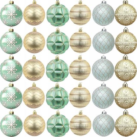 Ensemble de 30 boules de Noël vertes et dorées incassables