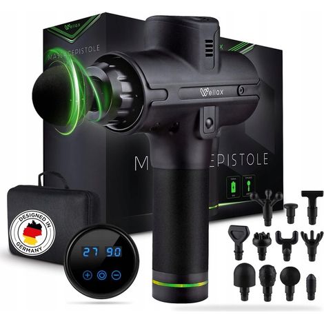 Wellax - Potente masajeador con 11 cabezales, 2600 mAh, 10 horas de funcionamiento, LED, incluye bolsa. (1/5)