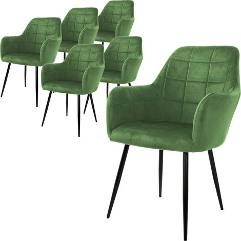 ECD Germany 6er Set Esszimmerstühle mit Rücken- und Armlehnen, Hellgrün, Küchenstühle mit Samtbezug, Polsterstühle mit Metallbeinen, Ergonomische Stühle für Esstisch, Wohnzimmerstühle Esszimmerstuhl