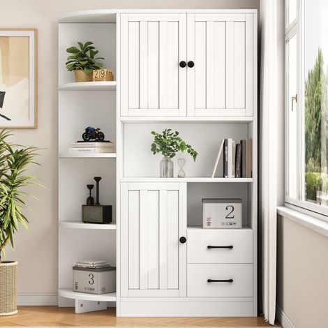 Bibliothèque d'angle avec 2 tiroirs et 3 portes, plusieurs compartiments de rangement, meuble haut, design moderne, 104x35x155 cm, Blanc (1/5)