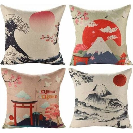 Japanese Cushion Covers 45x45cm Fuji Ukiyo-e Pillow Case for Sofa, Car, Home, Bed, Decor, (1/4)