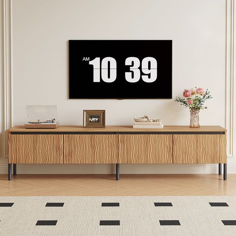 Meuble TV Bois 180cm, Banc TV Design Relief Vague avec 4 Portes Grand Rangement, Meuble Bas Séjour Salon Style Moderne, Naturel (1/5)