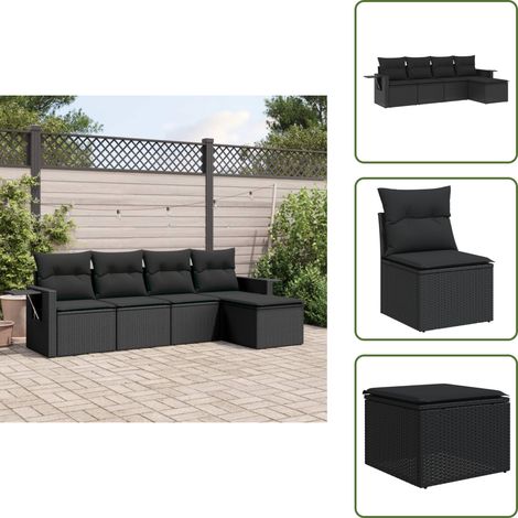 The Living Store 5-tlg. Garten-Sofagarnitur mit Kissen Schwarz Poly Rattan - Gartensessel (1/5)