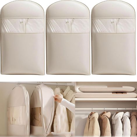 Set di 3 grucce autocompressive, organizer trasparenti antipolvere, beige, per cappotti e piumini, 90 cm (1/5)