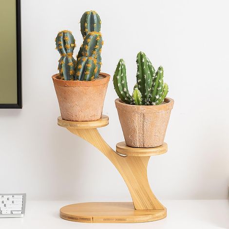 Support à plantes en bambou 2 niveaux – Petite étagère pour succulentes, cactus et pots de fleurs, idéale pour maison, bureau et rebord de fenêtre (1/5)