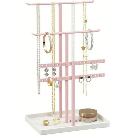 Organisateur de Support à Bijoux à 3 Niveaux - Support Solide pour 80 Pièces de Bijoux - Porte-Bijoux Rose - Porte-Bijoux pour Colliers, Boucles d'oreilles, Bracelets, Bagues - Cadeau pour Femmes (1/4)