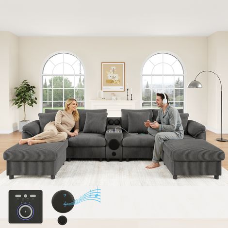 Canapé d'angle modulable 315,5×144×84,5 cm, forme U/L, Bluetooth, console, rangement, chargeur sans fil, USB, velours côtelé gris (1/5)