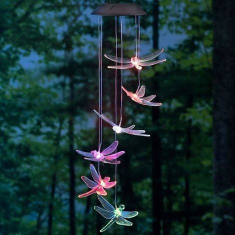 Carillon éolien solaire libellule mobile lumière LED changeant de couleur pour cour, jardin, carillon éolien, lampe, accessoires, décoration de la maison (couleur aléatoire) (1/4)