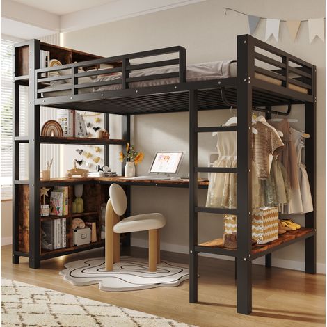 Lit mezzanine 90x200 cm en métal et MDF noir avec bureau, gain de place, sans matelas – MEUBLIV (1/5)
