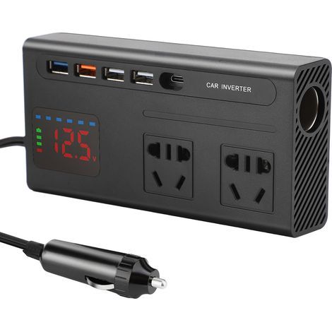 12V to 220V/240V 200W Power Inverter with 2 Outlets and 4 USB Ports (5V/2.4A) for Phones, Tablets, Cars, Trucks, and More - Black Metal (1/5)