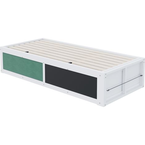 Lit en bois, 90 × 200 cm, avec coffre de rangement hydraulique, tablette d’écriture et dessus recouvert de feutre. Avec rangement pour les livres, montage à gauche ou à droite. Lit simple, lit enfant,