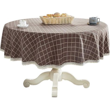 Dicke, runde Tischdecke aus Baumwolle und Leinen, mit Karo- und Spitzenmuster, ideal für Küche und Esszimmer.