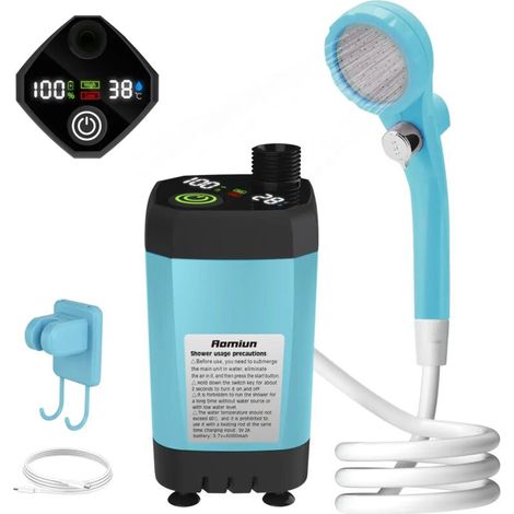 (Bleu 6000 mAh) Pompe de douche de camping, kit de douche extérieure pour camping-car, douche de camping avec affichage numérique intelligent et réglable