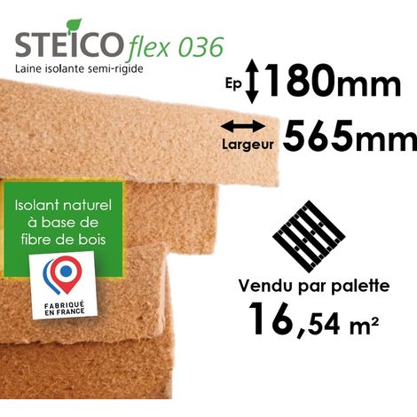 Steico – Panneau d'isolation en laine de bois semi-rigide 180mm – Conductivité thermique 0,036 W/mK – Largeur 565mm – Isolation toiture et cloisons (1/4)