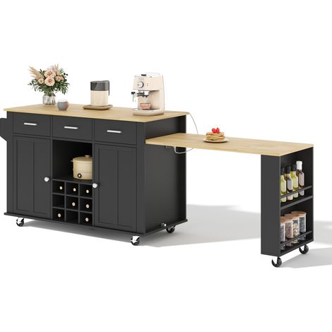 Mobile ausziehbare Kücheninsel MDF schwarz/Holzoptik 136-223 x 50 x 93 cm MODENUIT (1/5)