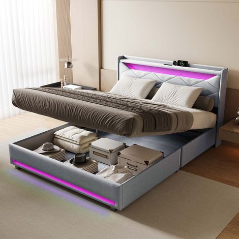 Stauraumbett für Erwachsene 160 x 200 cm mit Lattenrost, grauem Leinen, Kopf- und Fußteil mit LED-Beleuchtung, USB-Ladestation und hydraulischem Bettkasten