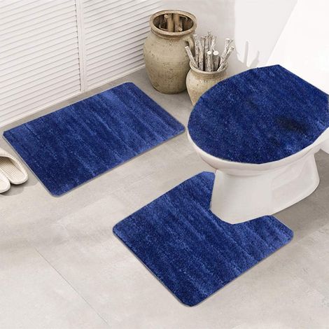 Lot de 3 tapis de salle de bain antidérapants en microfibre à poils longs doux à absorption rapide de l'eau Tapis de bain Tapis de douche Tapis de bain Housse de siège de toilette Bleu foncé (1/5)