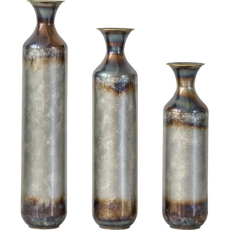 Lot de 3 vases en métal massif au style vintage avec patine unique, hauteur 51,8 à 72 cm, décoration d'intérieur (1/5)